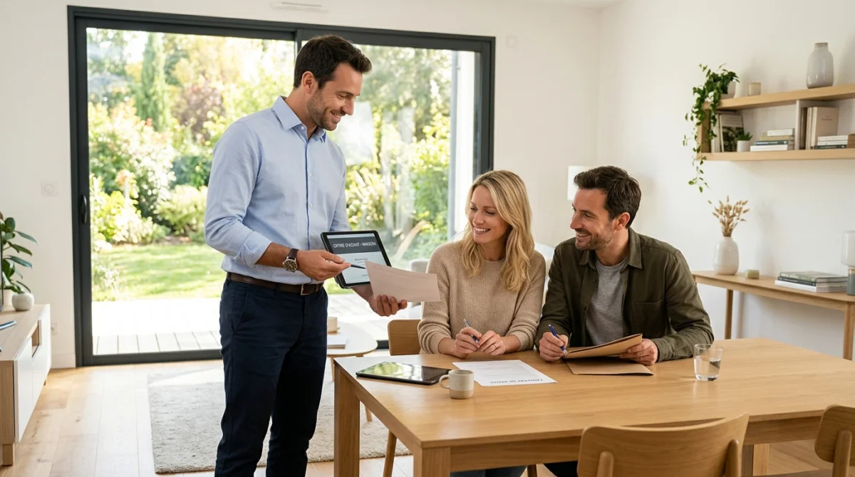 Agent immobilier présentant des documents à un couple dans une maison moderne pour vendre rapidement un bien.