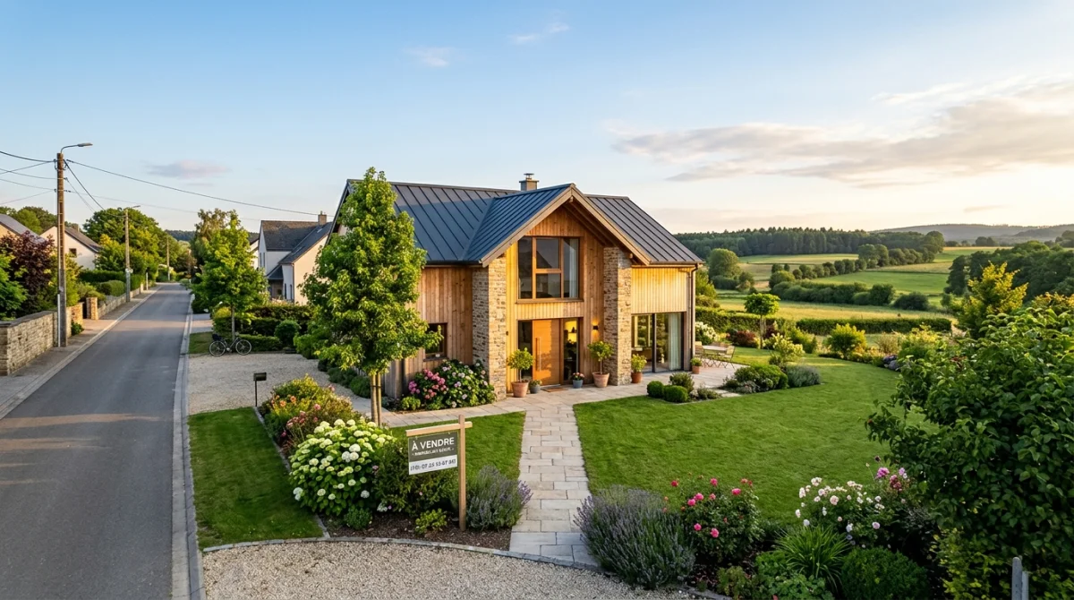 Maison moderne avec panneau À vendre dans un jardin verdoyant pour illustrer combien de temps pour vendre une maison.