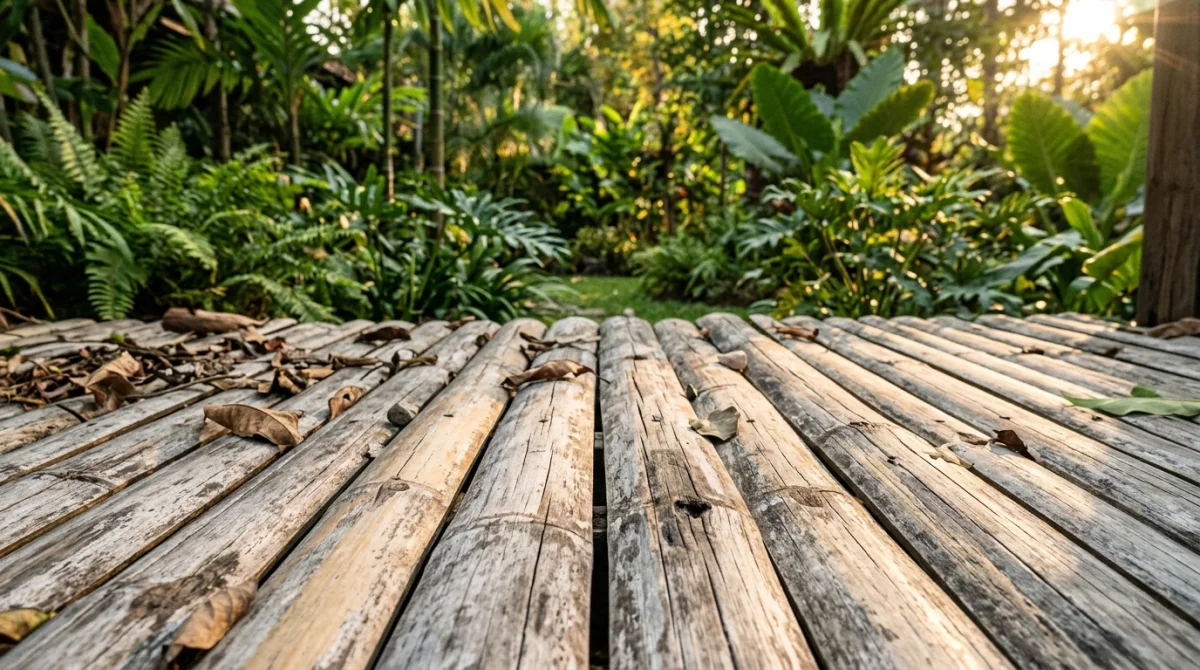 Terrasse en bambou vieillie présentant des traces de grisaillement et de décoloration naturelle sous un jardin tropical.