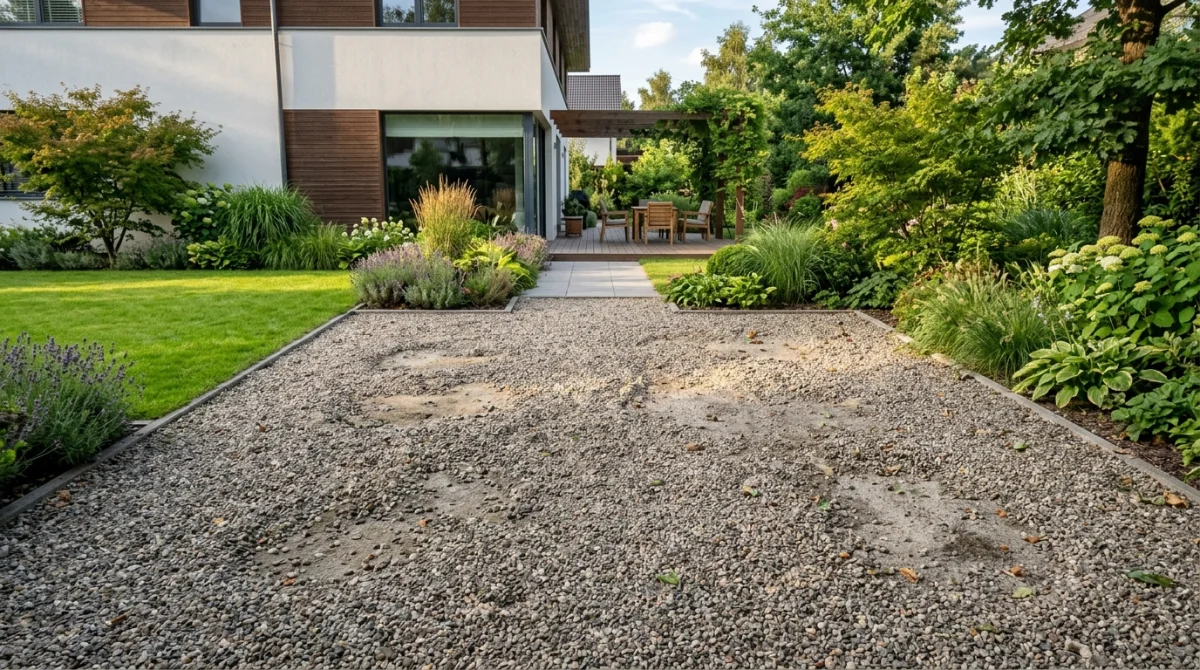 Terrasse en gravier dans un jardin avec des zones irrégulières et des creux visibles en surface.