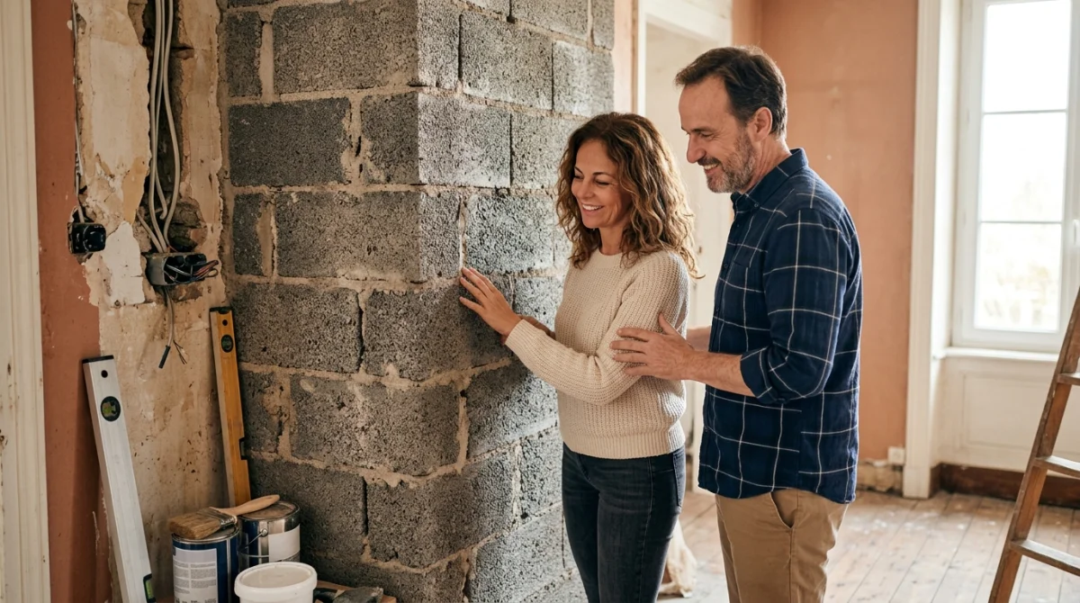 Couple examinant un mur en mâchefer lors d'une visite pour savoir s'il faut acheter une maison en mâchefer.