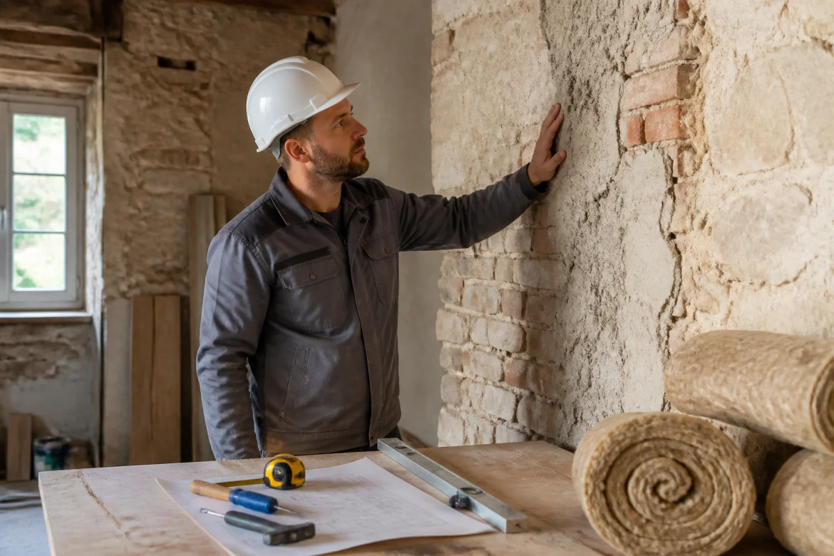 Artisan professionnel examinant un mur en briques pour évaluer les besoins en isolation intérieure ou extérieure.