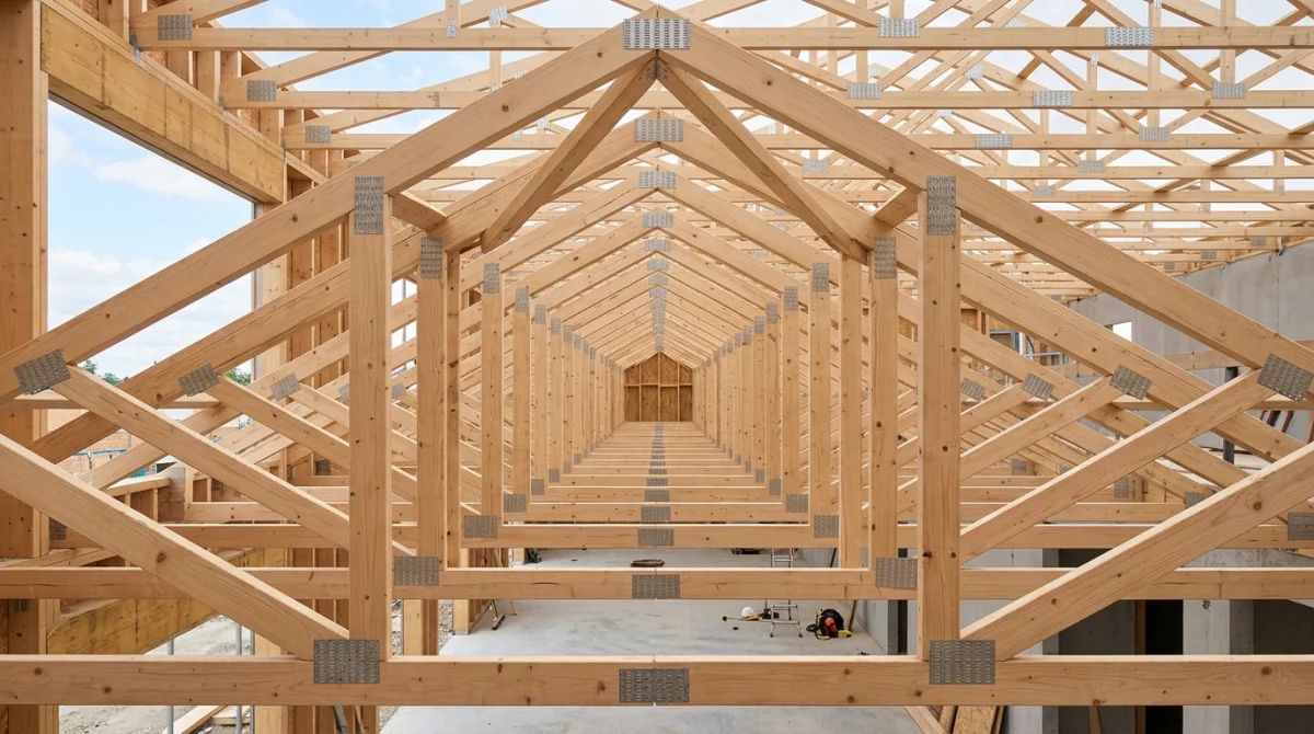 Structure de charpente fermette en bois clair avec assemblages métalliques dans un chantier de construction lumineux et ordonné.