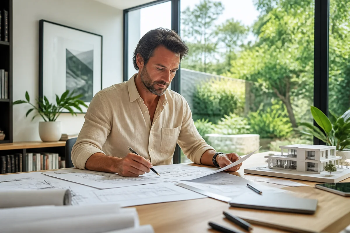 Architecte professionnel étudiant des plans de construction sur un bureau moderne et lumineux dans un cadre serein.