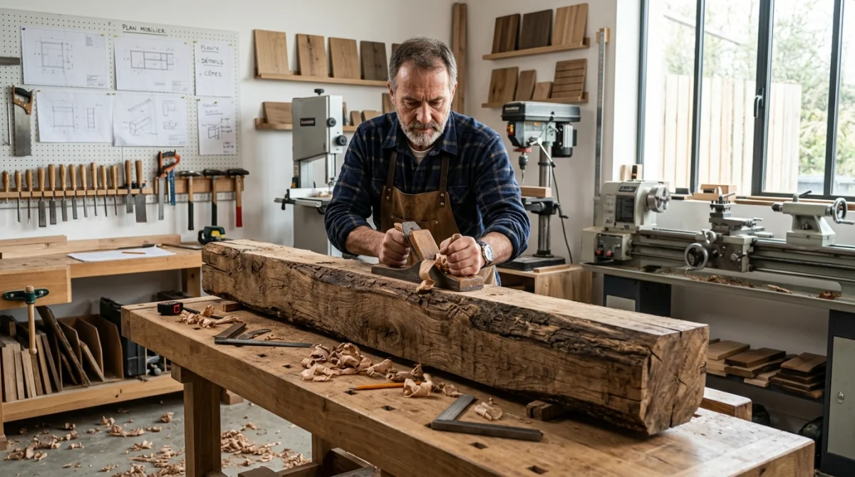 Charpentier qualifié travaillant le bois massif dans un atelier moderne pour une charpente fermette ou traditionnelle.