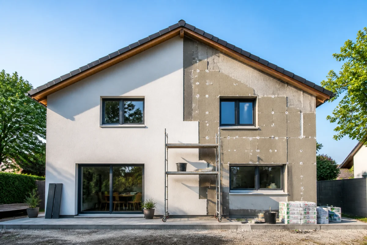 Maison moderne en rénovation énergétique illustrant la transition entre mur brut et isolation intérieure ou extérieure performante.