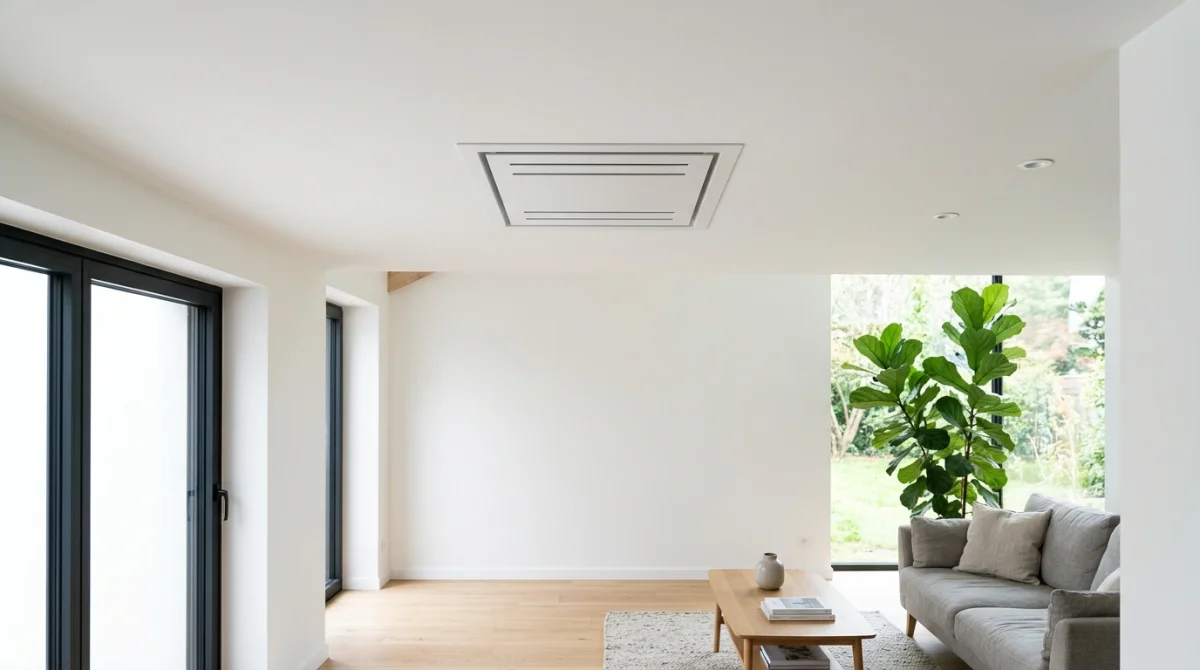 Système de ventilation VMC simple flux ou double flux intégré discrètement au plafond d'un intérieur résidentiel moderne.