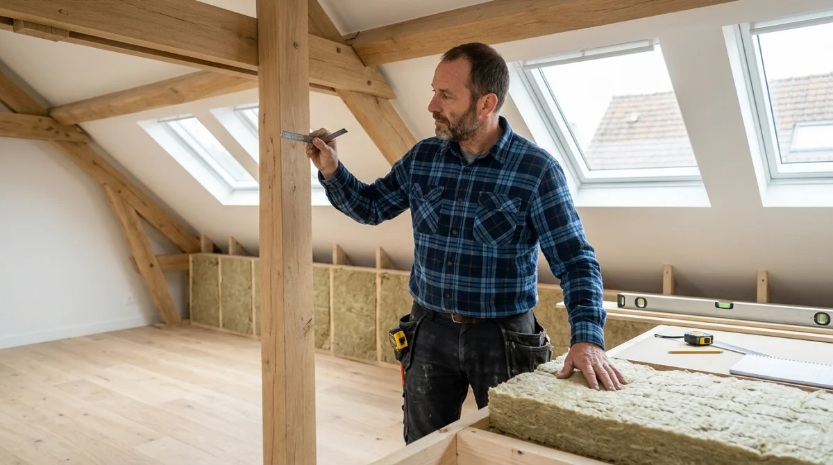 Artisan professionnel installant des panneaux isolants dans des combles aménagés pour comparer laine de verre ou laine de roche.