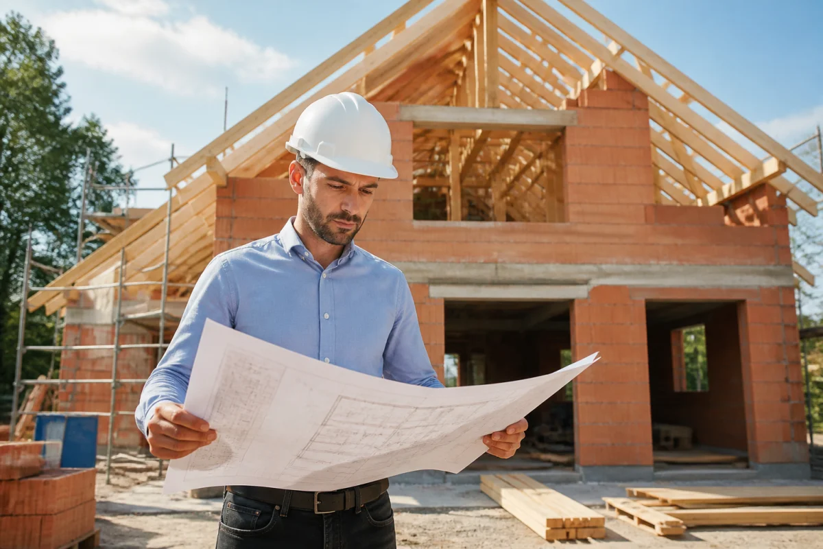 Architecte examinant les plans d'une maison en construction pour estimer combien coute la construction d'une maison de 150m2.