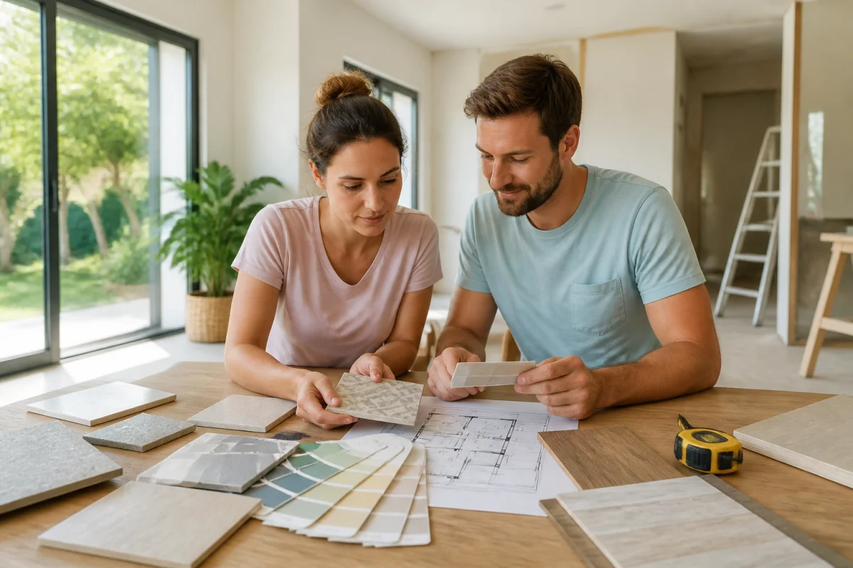 Couple examinant des plans et des échantillons de matériaux pour estimer combien coûte la construction d'une maison de 150m2.