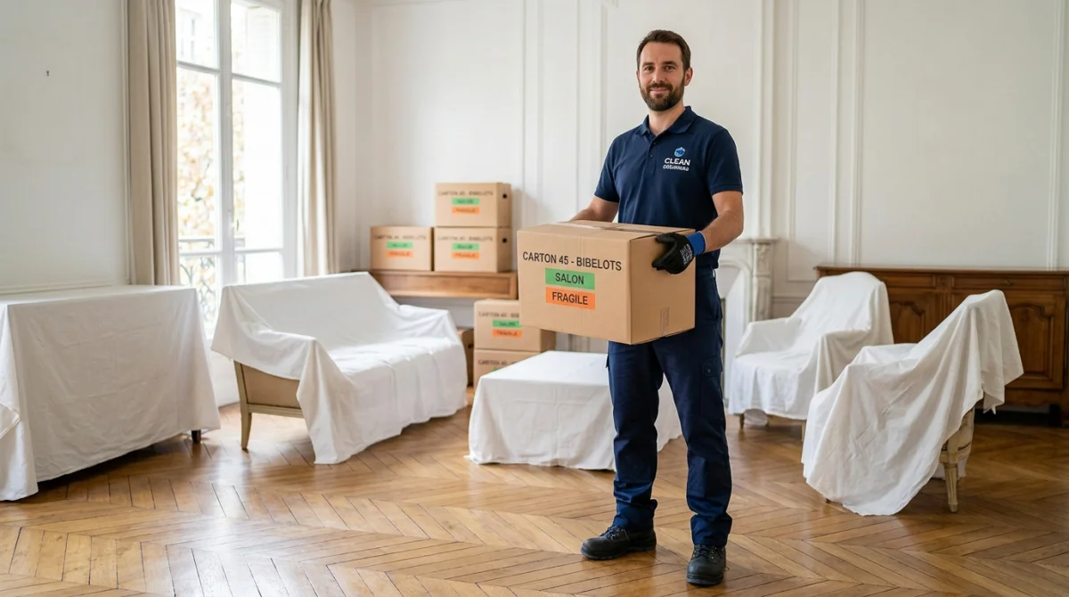 Professionnel du débarras organisant une maison avant succession avec des cartons étiquetés dans un intérieur lumineux.