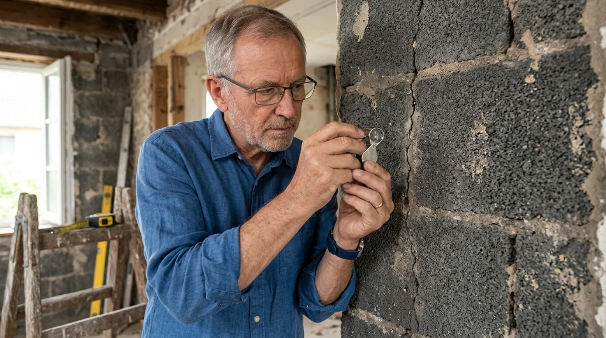 Expert en bâtiment examinant une fissure sur un mur en mâchefer pour évaluer l'achat d'une maison ancienne.