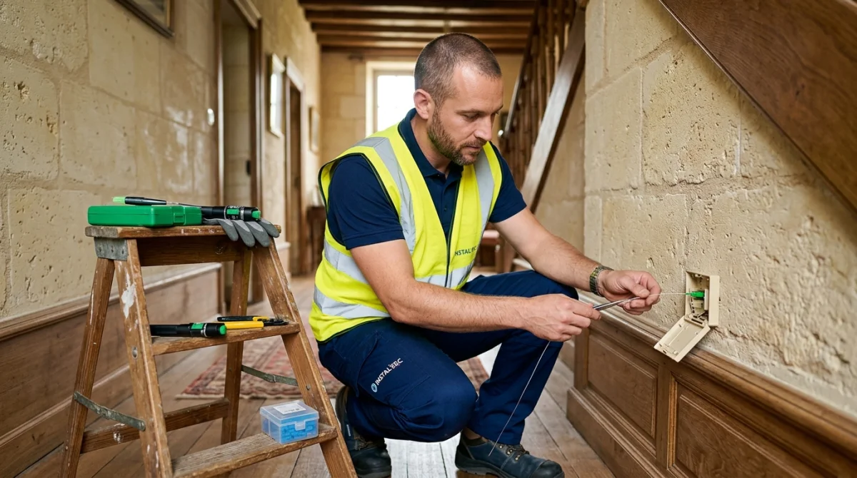 installation fibre maison ancienne fc41 1 Technicien installant la fibre optique avec précision dans une maison ancienne aux murs en pierre apparente.