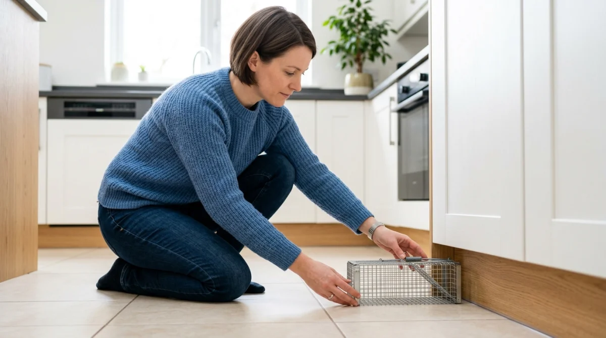 Une personne installe une nasse métallique au sol dans une cuisine pour se débarrasser d'une souris dans une maison.
