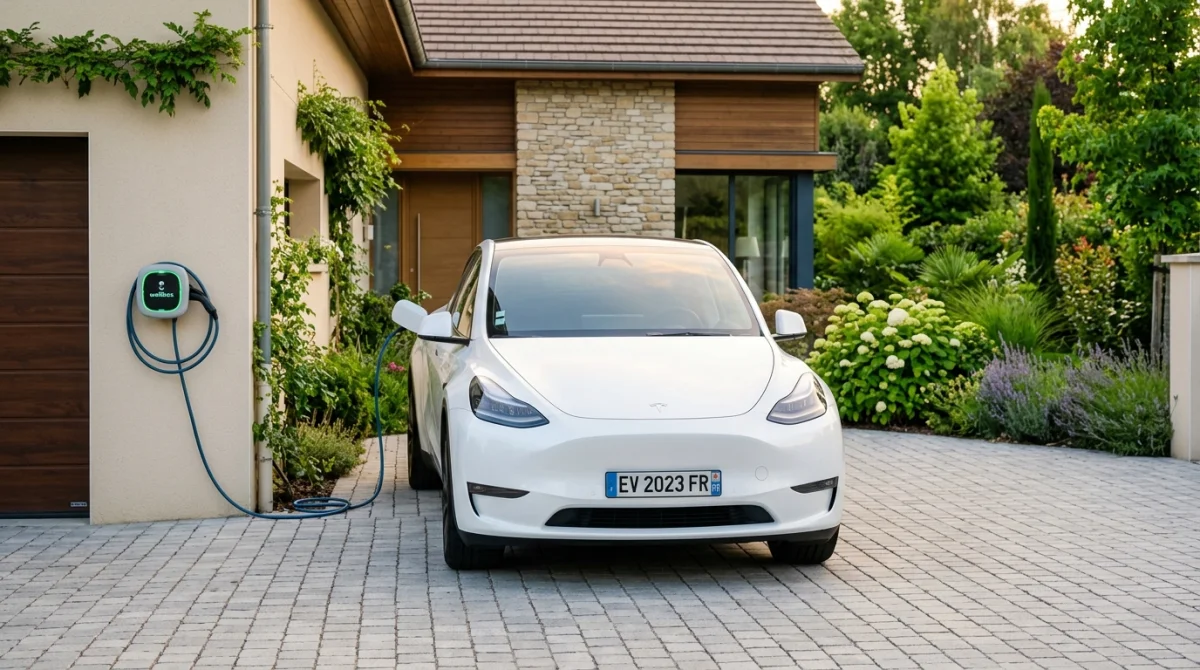 Voiture électrique moderne en charge sur une borne murale dans une allée de maison contemporaine et verdoyante.