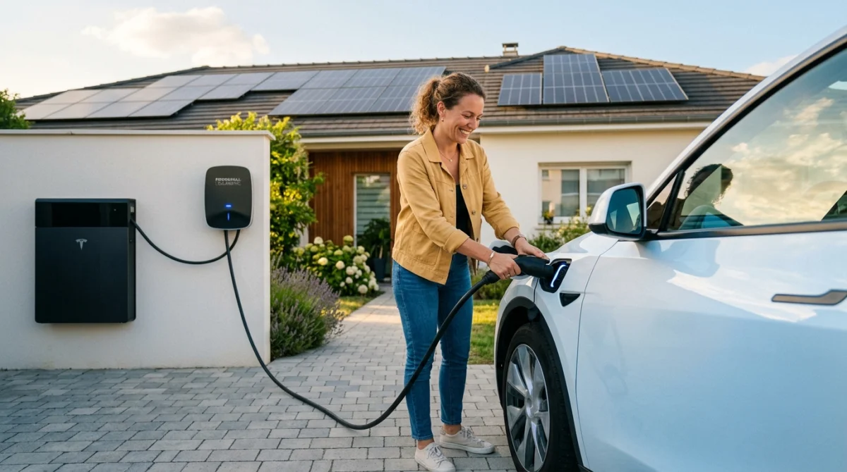 Personne souriante branchant une voiture électrique à une borne de recharge domestique devant une maison solaire.