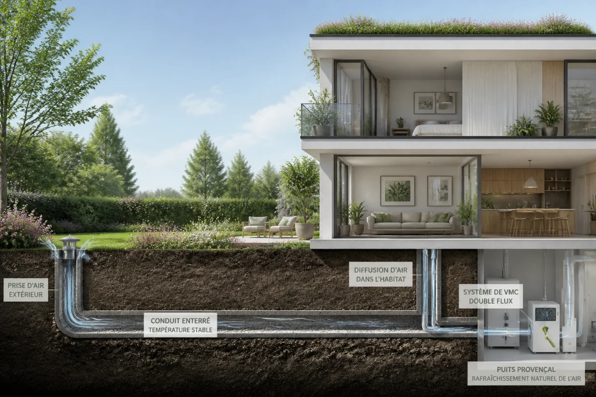 Coupe schématique d'une maison éco-conçue illustrant le fonctionnement d'un puits canadien enterré sous un jardin verdoyant.