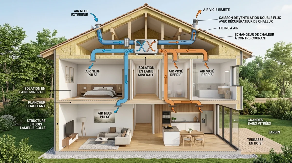 schema fonctionnement vmc simple double flux 1e90 1 Schéma technique d'une maison moderne illustrant le fonctionnement d'une ventilation double flux avec circulation d'air optimisée.