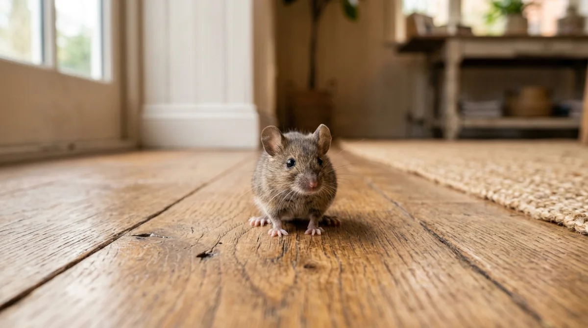 Petite souris domestique réaliste posée sur un plancher en bois pour illustrer comment se débarrasser d'une souris.