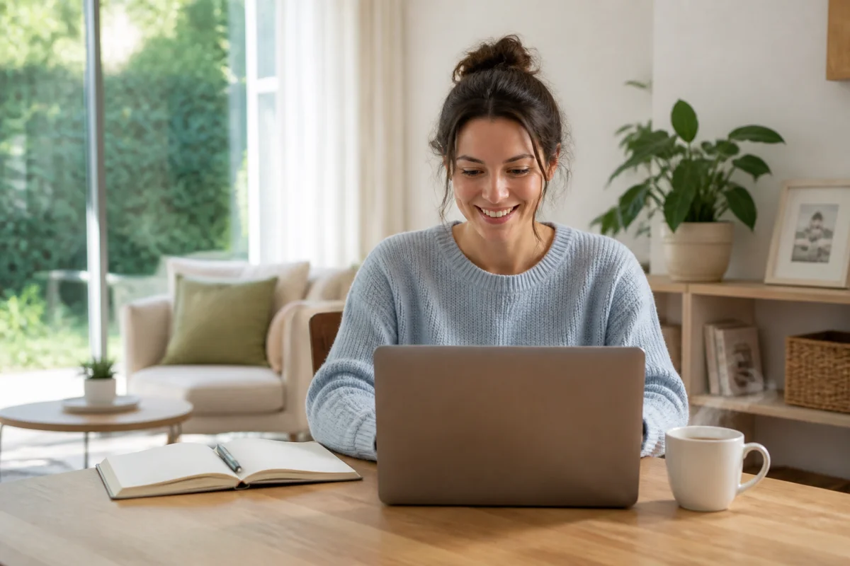 Personne souriante utilisant un ordinateur dans un salon lumineux pour apprendre comment vendre sa maison sans agence.