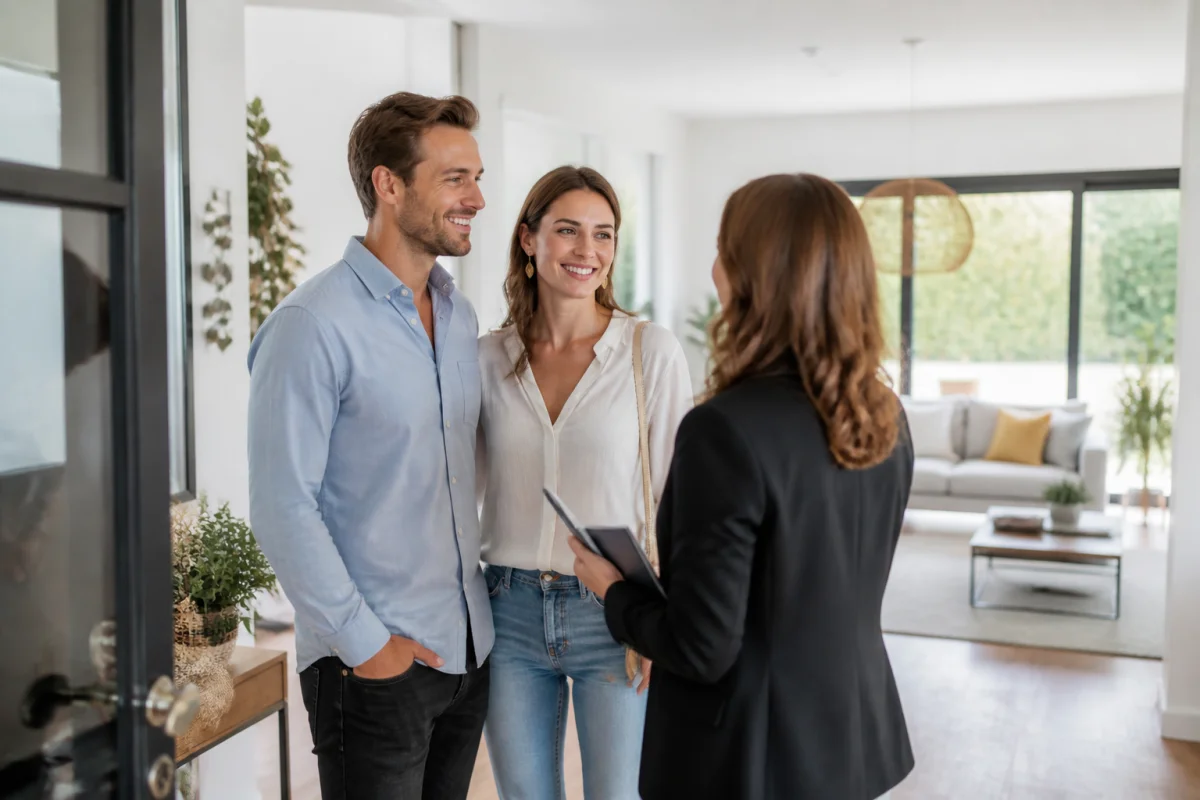 vente maison particulier visite immobiliere 2a8b 1 Un couple accueille chaleureusement un visiteur dans une maison moderne et lumineuse pour vendre sa maison sans agence.