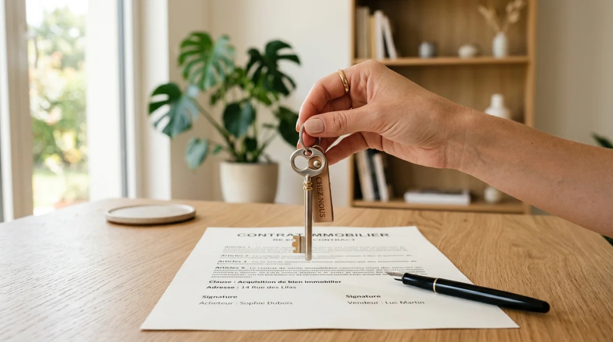 Main tenant une clé de maison au-dessus d'un contrat immobilier pour illustrer la vente sous hypothèque.