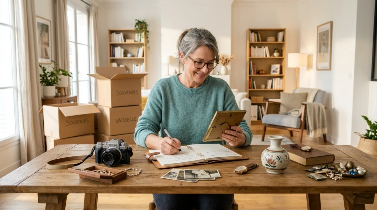Une personne inventorie soigneusement des objets personnels dans un salon lumineux pour préparer la succession de la maison.
