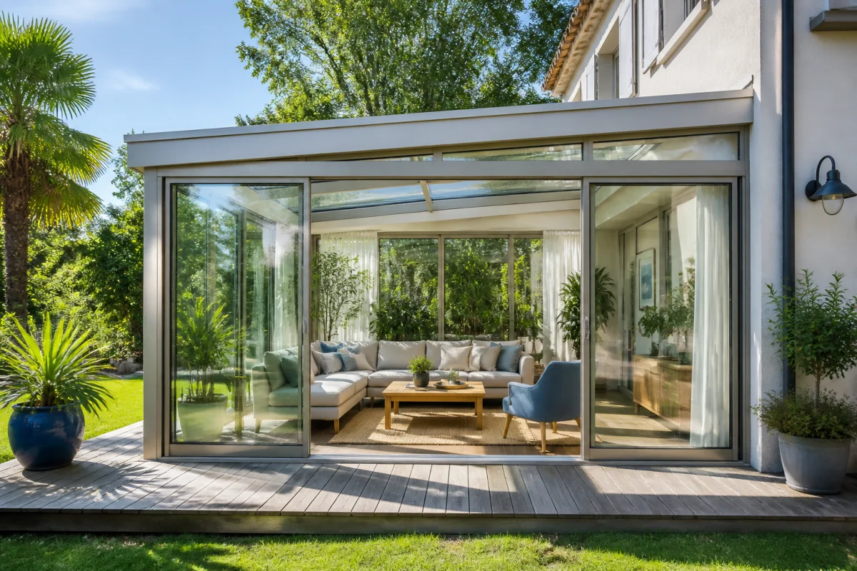 Véranda contemporaine lumineuse, extension de maison aménagée en pièce de vie ouverte sur un jardin verdoyant