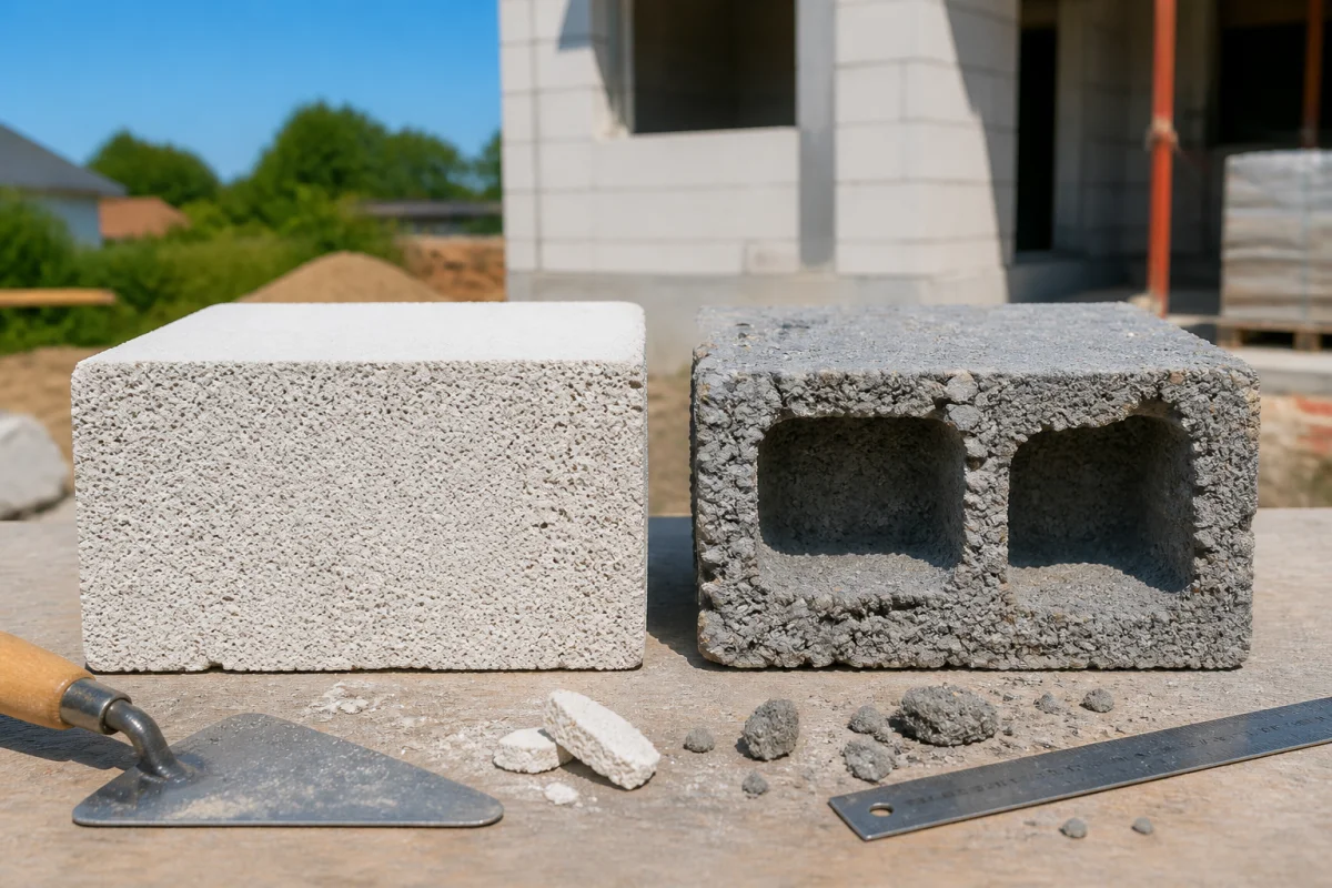 Béton cellulaire blanc et parpaing gris comparés côte à côte sur un chantier résidentiel, structures internes visibles.