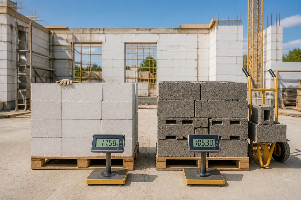Comparatif entre béton cellulaire léger et parpaings gris sur palettes, au premier plan d’un chantier résidentiel