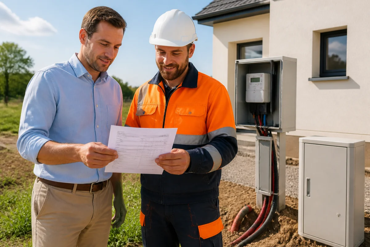Propriétaire et électricien examinant un devis de raccordement électrique sur un terrain résidentiel viabilisé