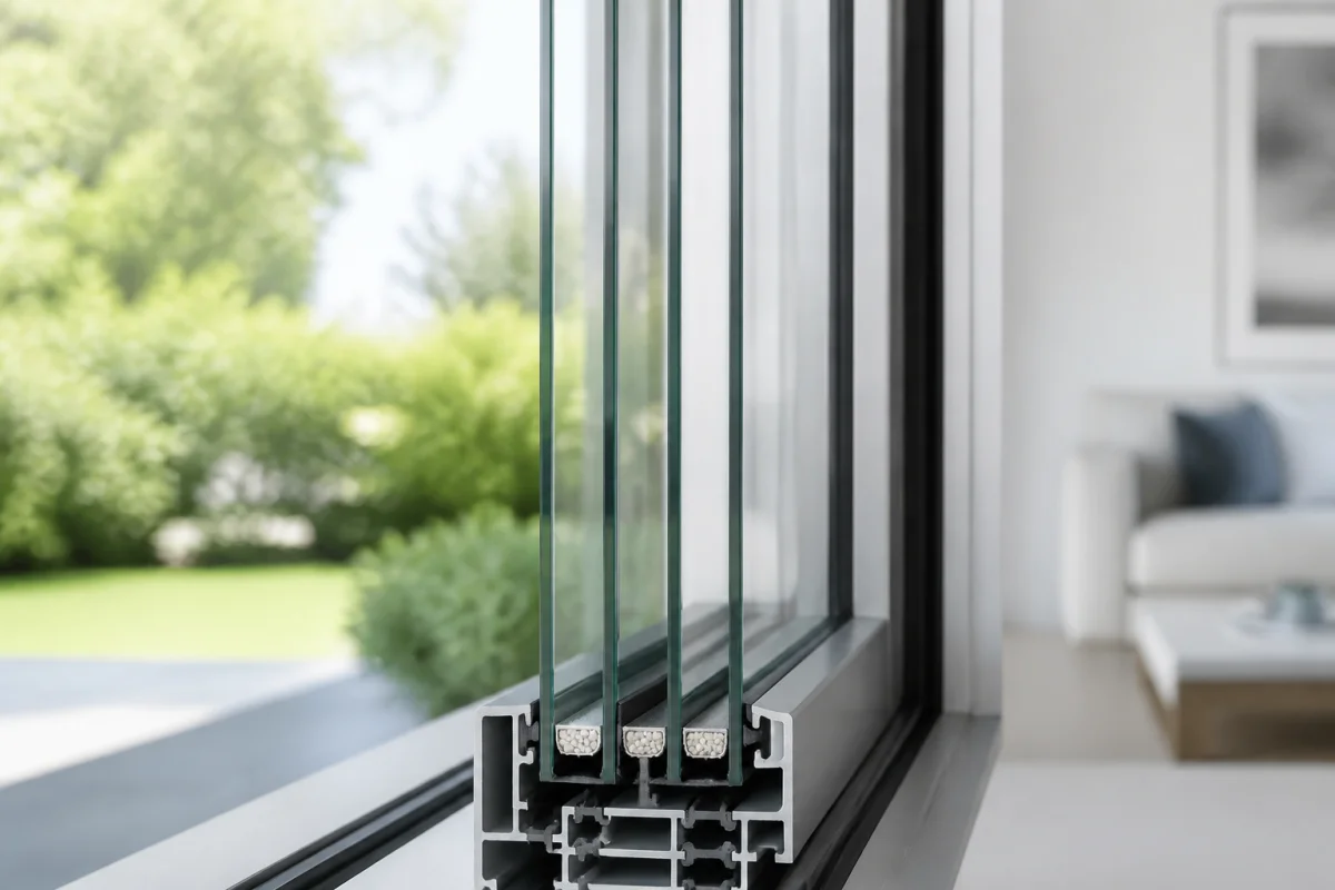 Coupe transversale d'une fenêtre à triple vitrage isolant dans un intérieur moderne pour illustrer l'efficacité thermique.