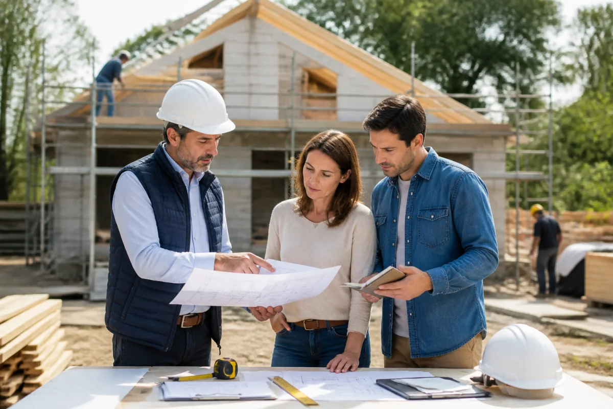 Maître d’œuvre présentant des plans de construction à un couple devant leur maison en cours de réalisation
