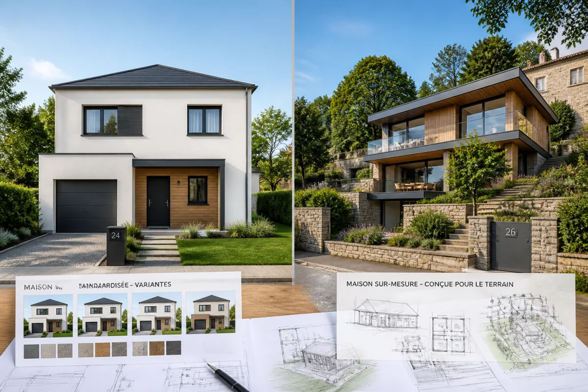 Comparaison entre constructeur et maître d’œuvre : maison standardisée face à maison personnalisée sur terrain en pente