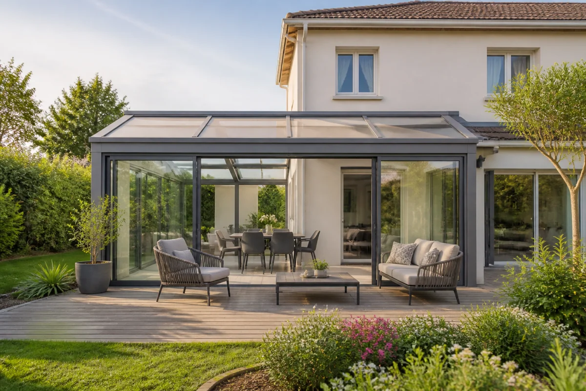 Combien coûte une extension de maison : véranda moderne vitrée avec terrasse aménagée dans un jardin résidentiel.