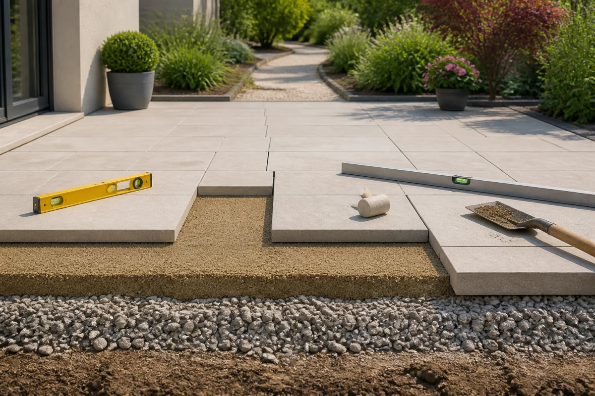 Dalle sur sable : terrasse en pierre posée sur lit de sable et gravier, avec outils de nivellement.