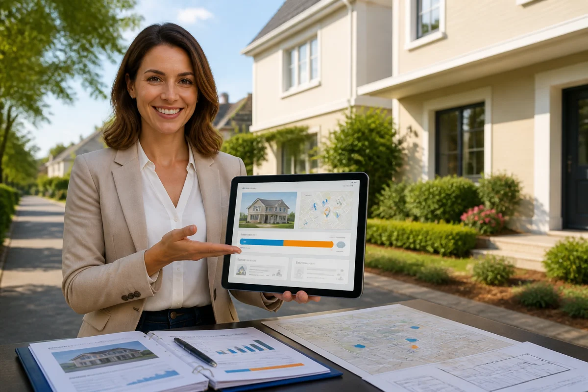 Agente immobilière présentant une estimation de maison sur tablette devant une résidence, avec dossier foncier et données de transactions