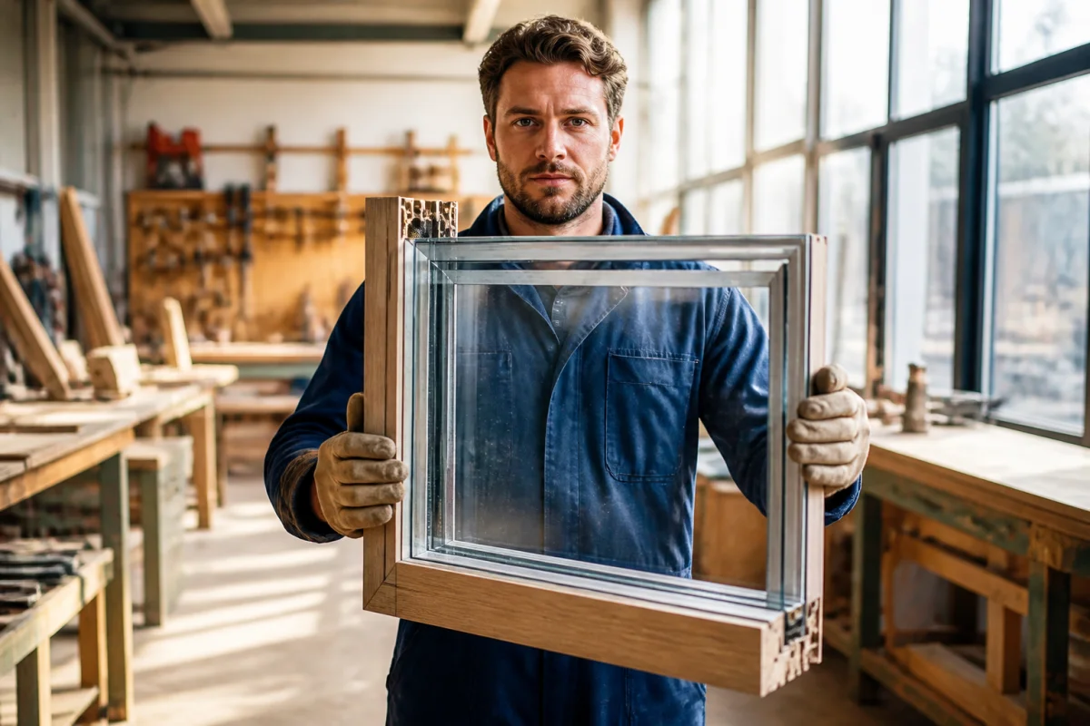 Artisan menuisier manipulant avec précision une fenêtre à triple vitrage dans un atelier de menuiserie moderne et lumineux.