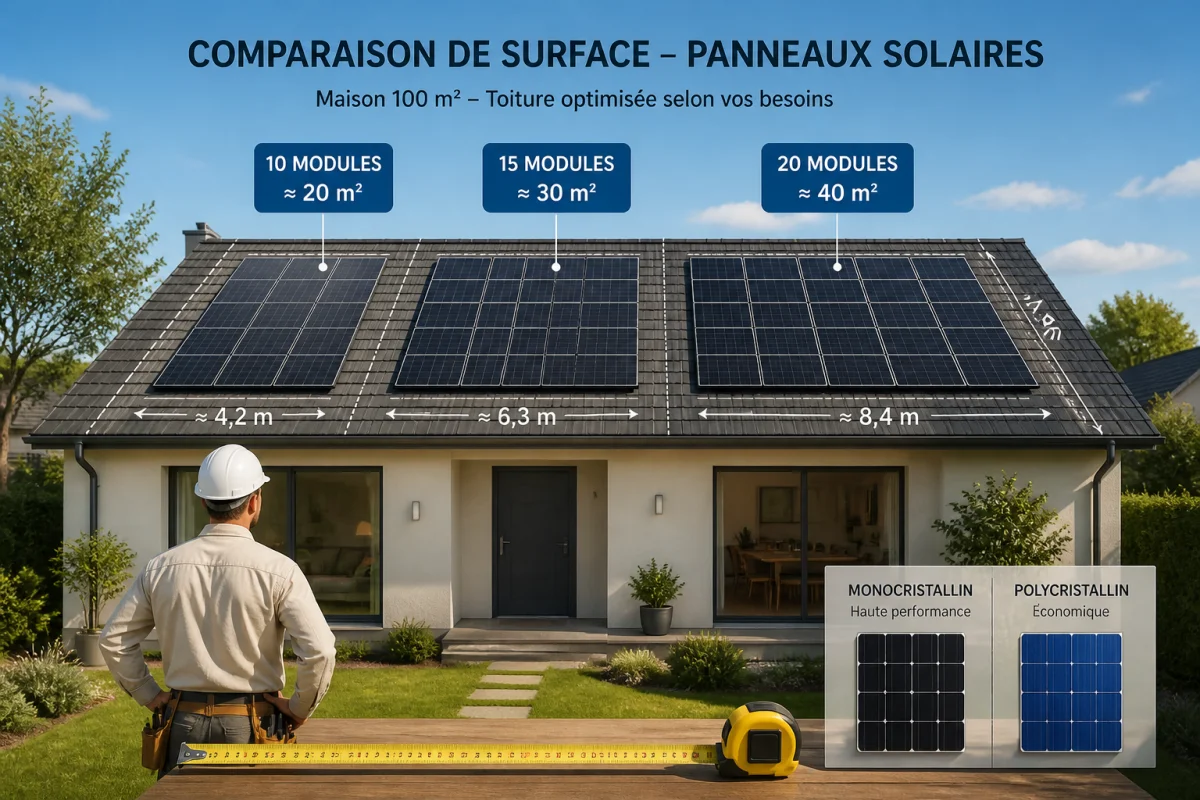 Maison de 100 m² avec différentes configurations de panneaux solaires, comparant 10, 15 et 20 modules sur le toit.
