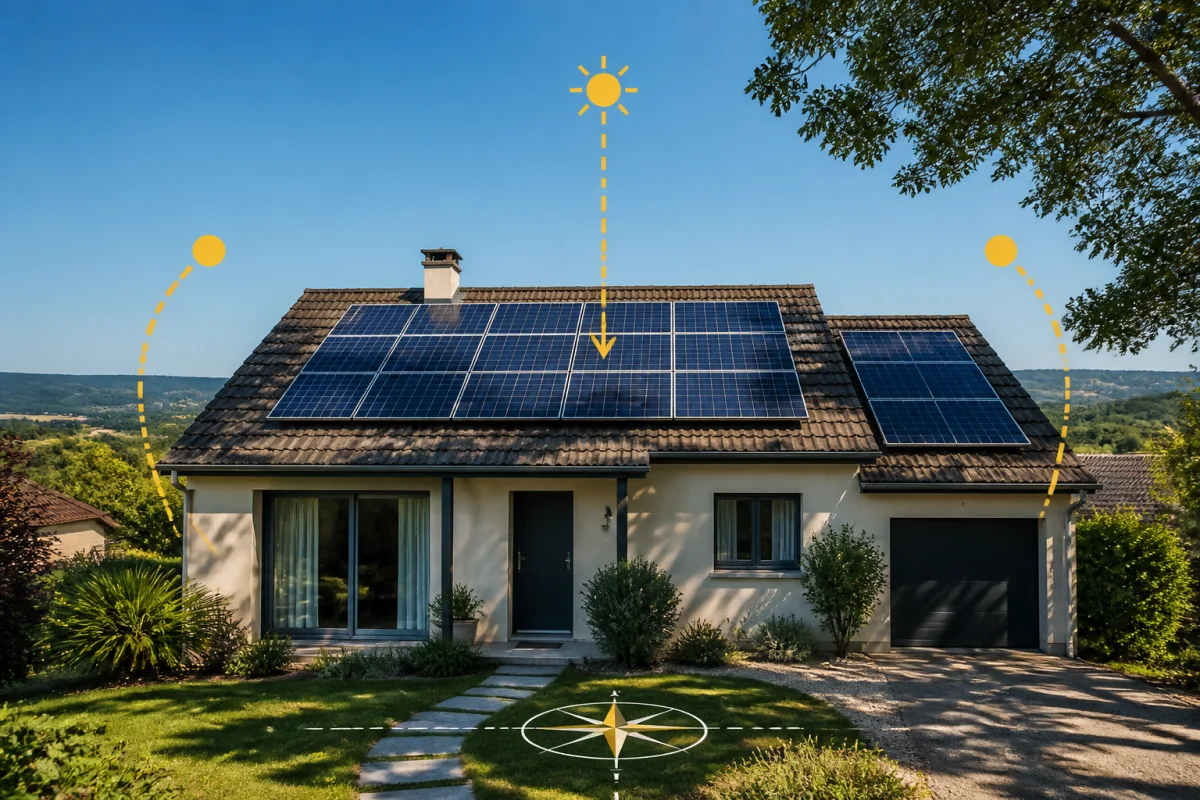 Maison de 100 m² équipée de panneaux solaires photovoltaïques sur toiture inclinée, avec repères d’orientation sud et est-ouest