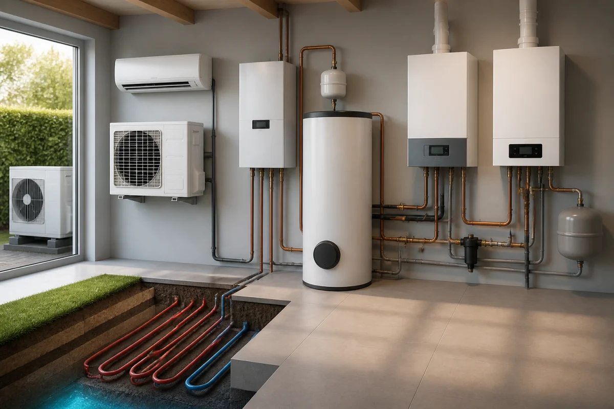 Comparaison entre pompe à chaleur et chaudières gaz ou électriques dans un local de chauffage résidentiel moderne