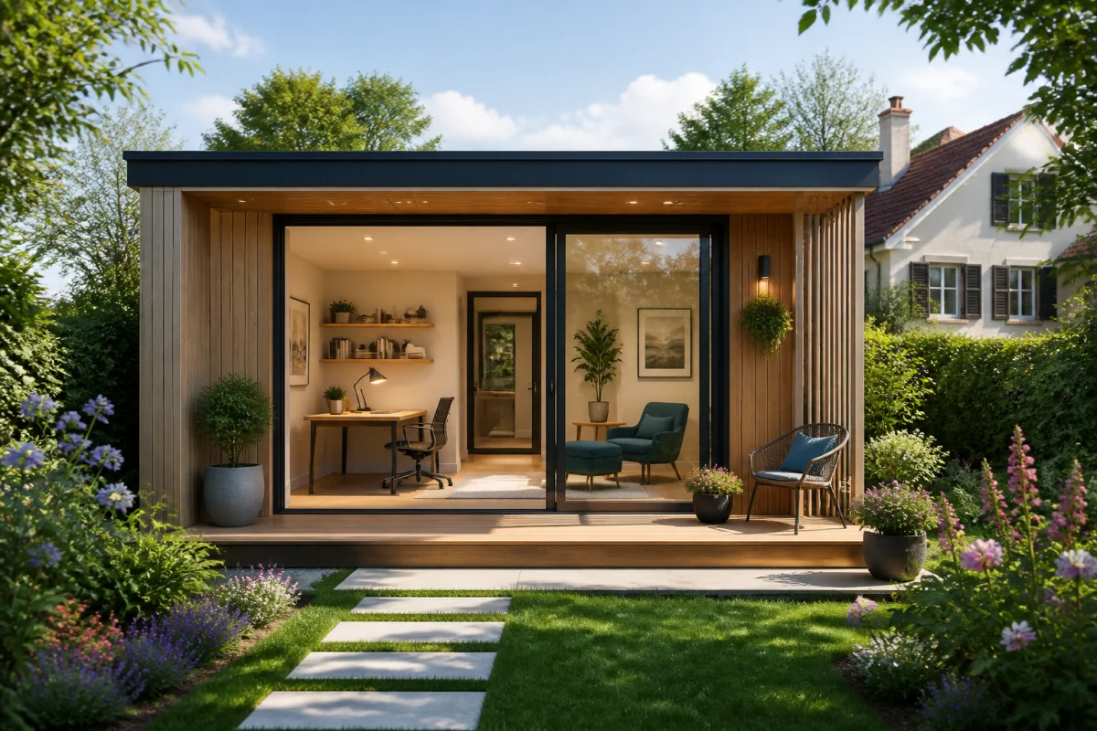 Studio de jardin autonome avec baie vitrée et terrasse, solution pour agrandir sa maison sans déménager