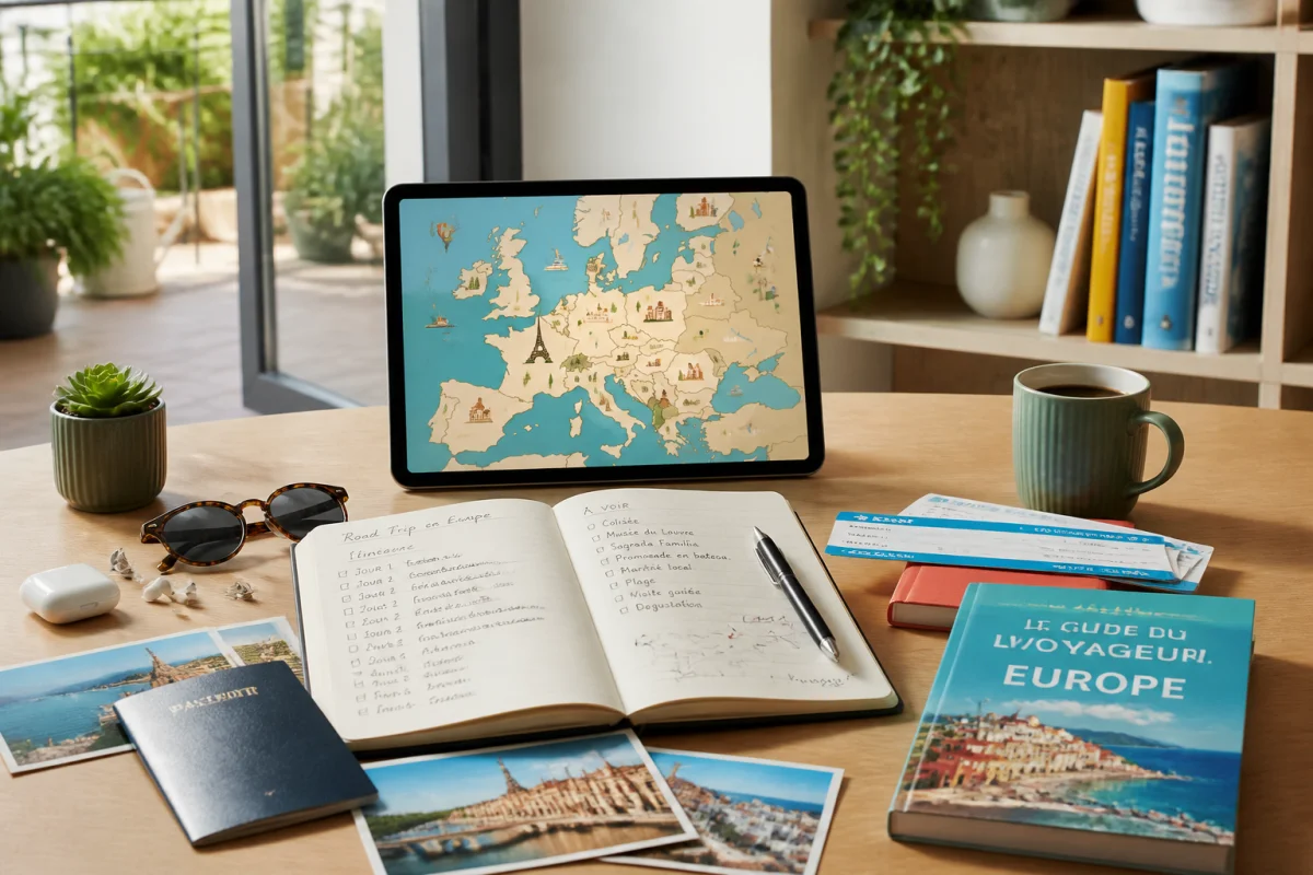 Aleocity : bureau de voyage avec carnet ouvert, tablette affichant une carte de la France et de l’Europe, billets et guide