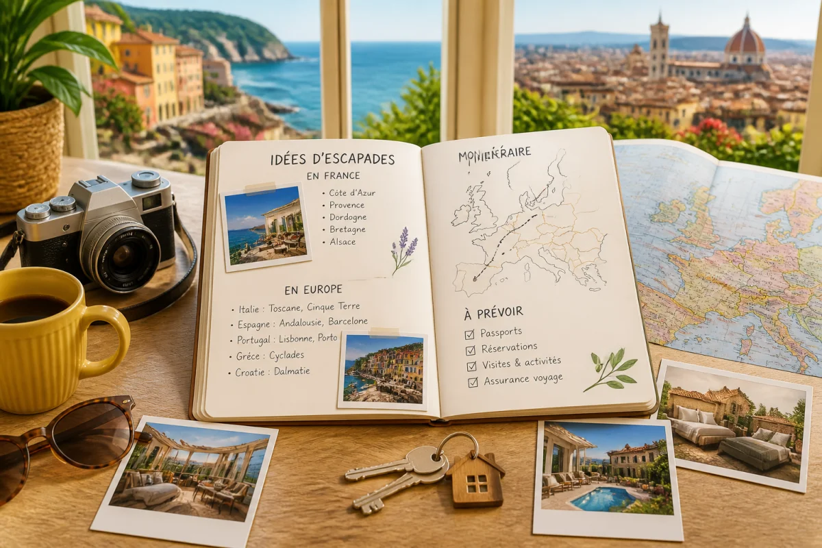 Aleocity, guide de voyage ouvert présentant des destinations françaises et européennes, une carte, des hébergements et accessoires de vacances