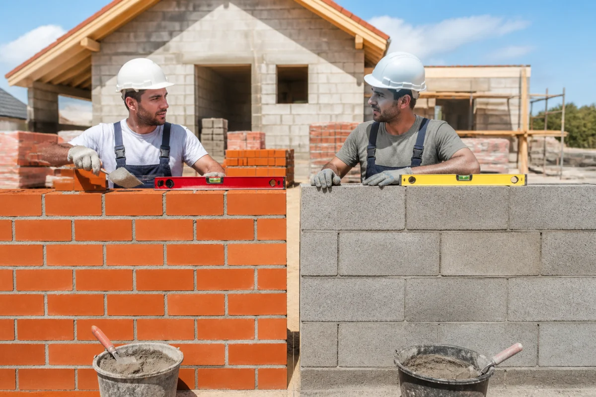Brique ou parpaing pour une maison : deux murs en construction comparés par des ouvriers sur un chantier résidentiel