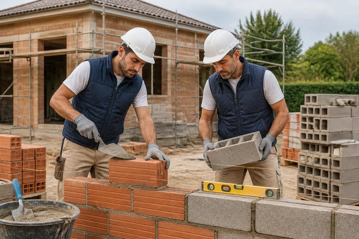 Artisans comparant briques et parpaings pour construire le mur d’une maison en chantier résidentiel