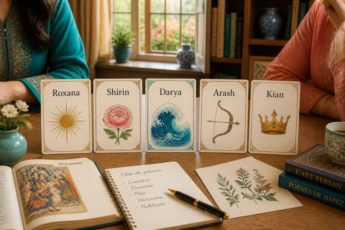 Table familiale pour choisir un prénom persan, avec les cartes Roxana, Shirin, Darya, Arash et Kian.
