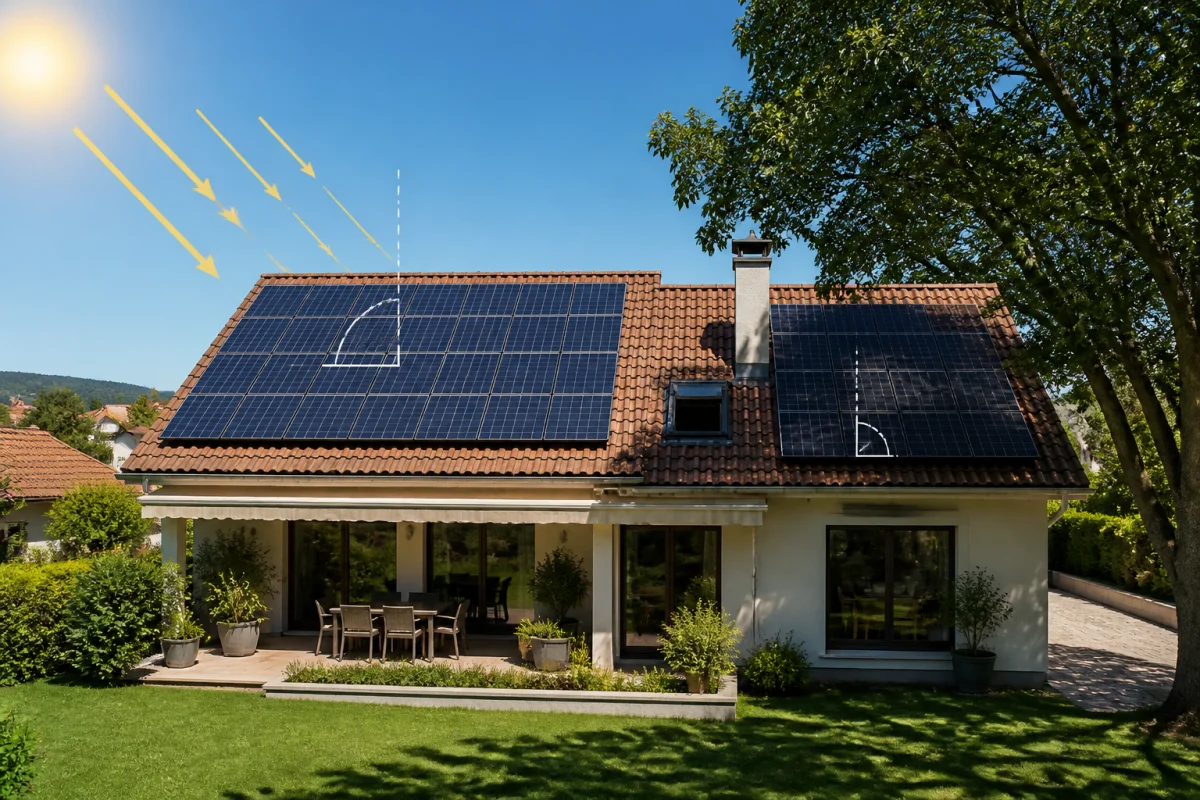 Maison de 200 m² avec panneaux solaires photovoltaïques, toiture partiellement ombragée et orientation solaire visible