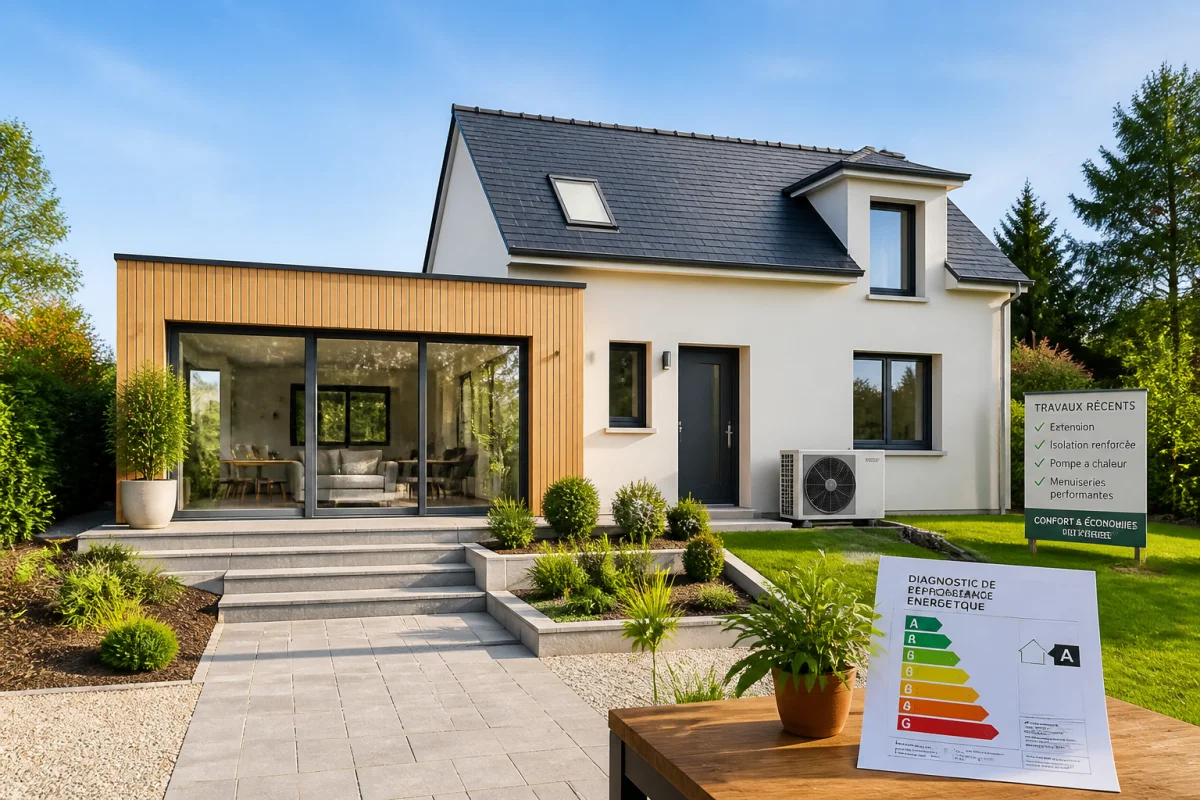 Maison rénovée avec extension vitrée, isolation améliorée et chauffage moderne, illustrant une nouvelle estimation immobilière