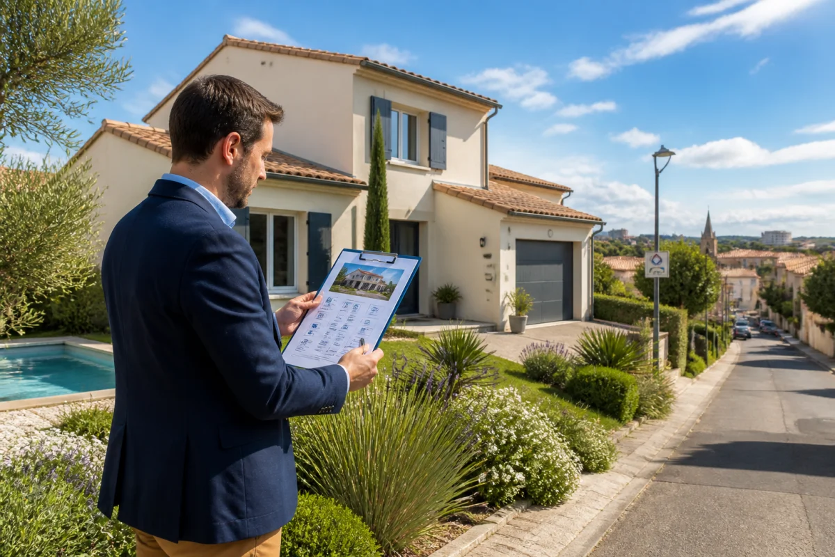 Professionnel de l’immobilier évaluant une maison individuelle pour déterminer combien de temps est valable une estimation de maison